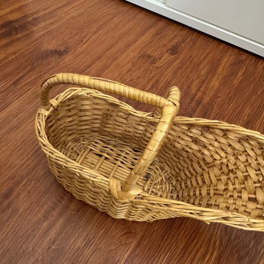 Vintage Woven Wicker Wine Bottle Basket Cradle Cottagecore Natural Rattan Tan
